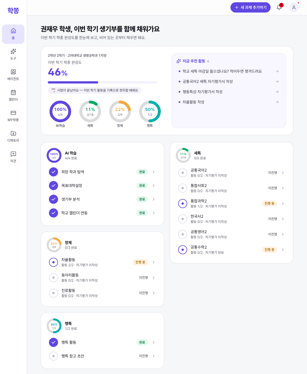 학쫑AI 홈 대시보드 — 이번 학기 학종 완성도와 영역별 도넛, ‘시험이 끝났어요, 활동을 기록으로 정리할 때예요’ 시기 안내, 지금 추천 활동 4가지가 한 화면에